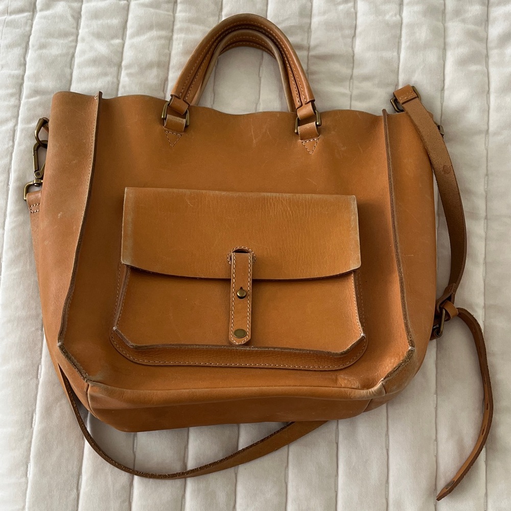 Madewell Tan Leather Tote with Front Pocket